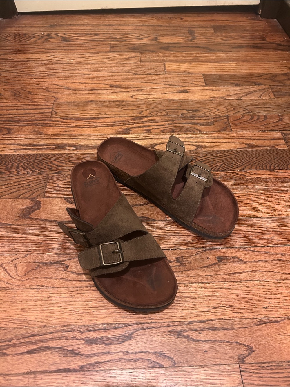 Cliffs by WHITE MOUNTAIN Men's Olive Suede Double-Buckle Slide Sandals